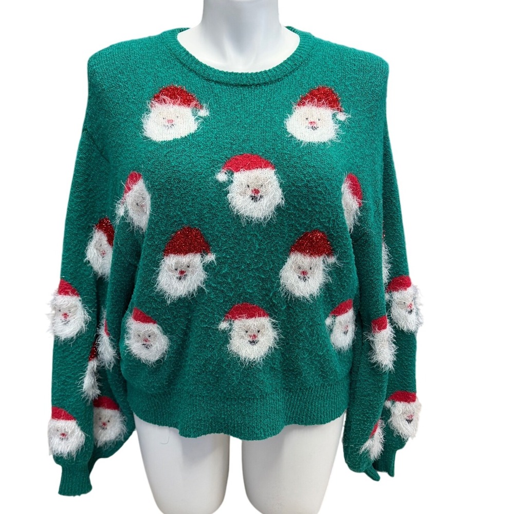 Tracies Womens‎ Green Santa Face Novelty Christmas Sweater XL